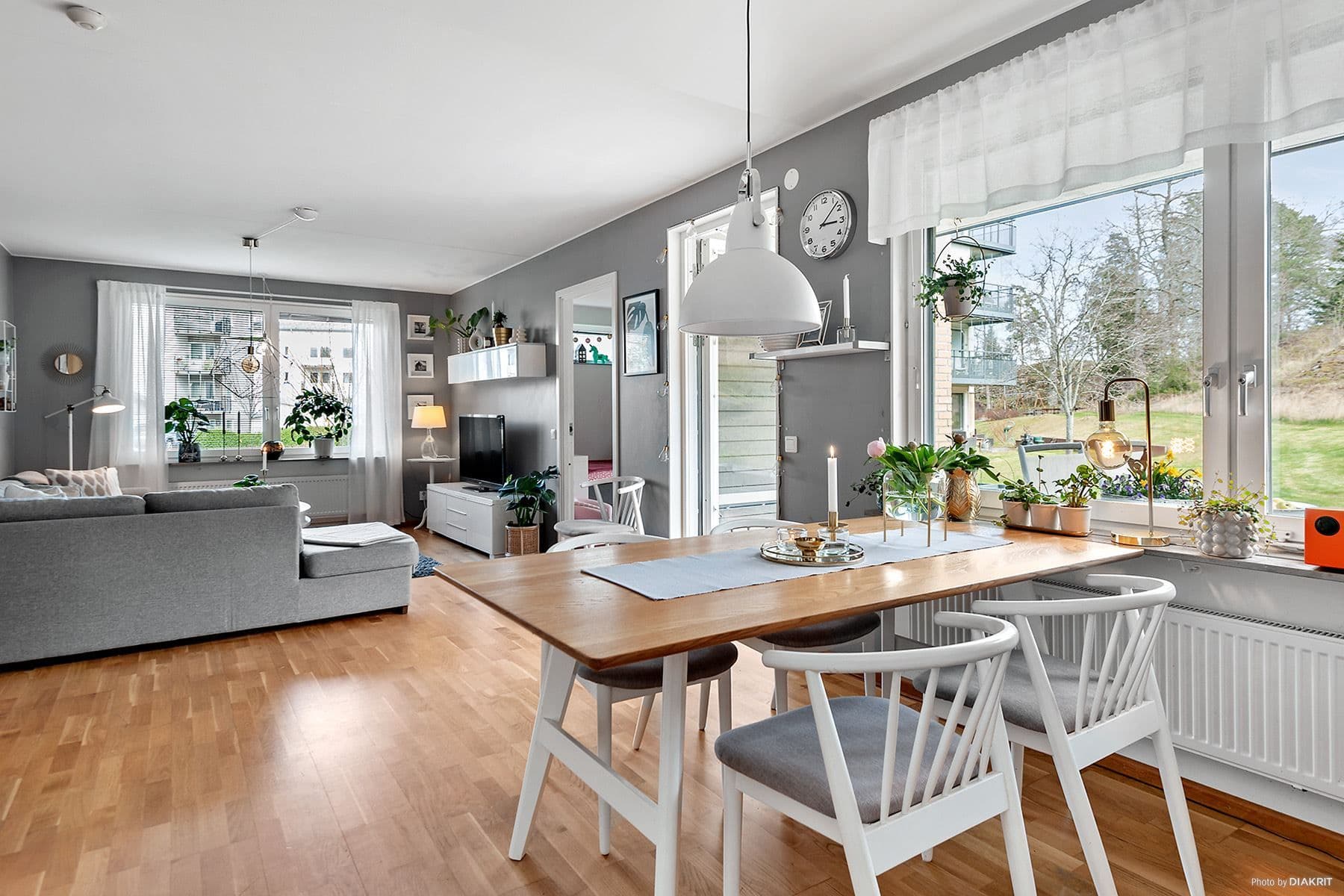 Öppen planlösning mellan kök och vardagsrum. Ekparkett