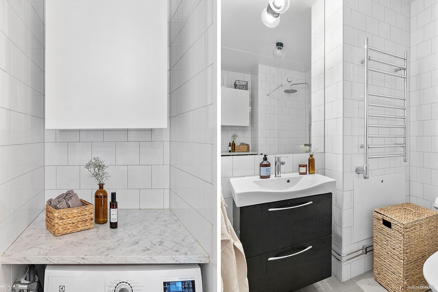 Helkaklad dusch/wc med komfortvärme i golvet och kombimaskin tvätt/tork