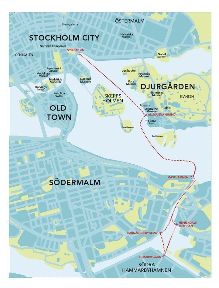 Ruttkarta båten Emelie som tar dig sjövägen in till city