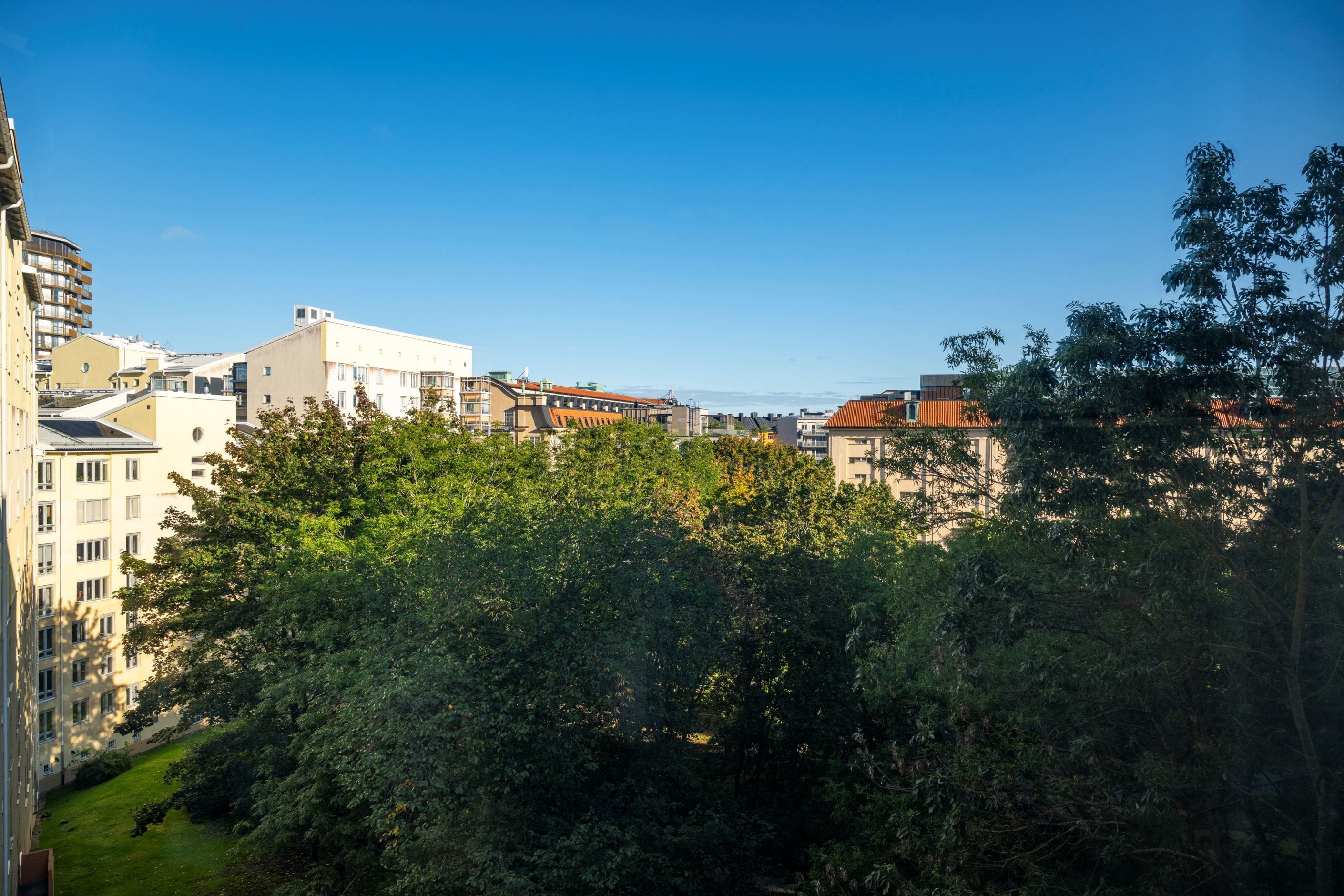 Utsikt över grönskande park från kök och gästrum